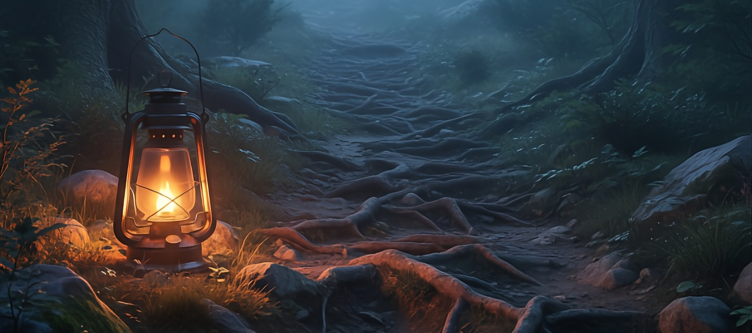 glowing lantern lights the uncertain path